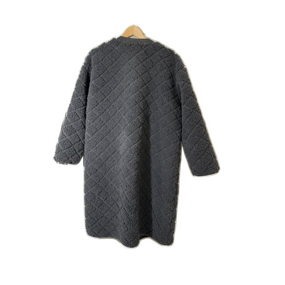 Sherpa Waffle Gray Coat Snap Button Collarless Coat - Picture 2 of 4